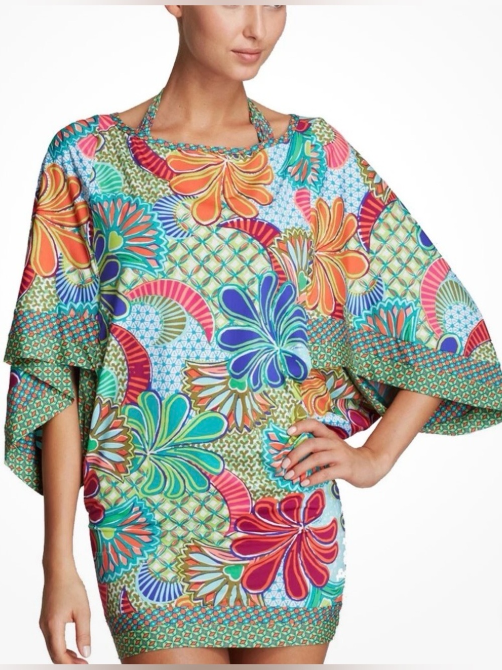Trina Turk S Colorful Floral Print Dolman Batwing Sleeve Tunic Top